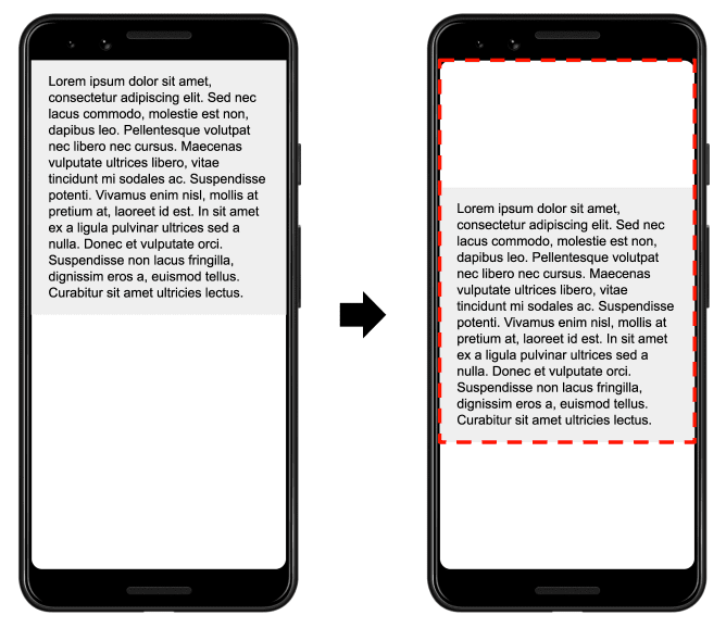 An example showing the impact fraction and distance fraction in a mobile phone viewport to calculate the cumulative layout shift score.