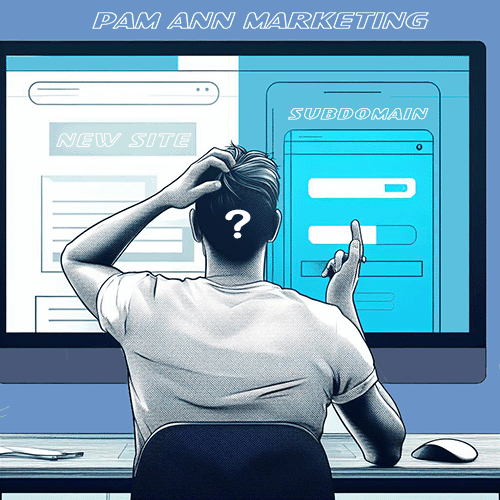 Image depicting a man trying to decide between two website options on a screen, one labeled "new site" and the other "subdomain"